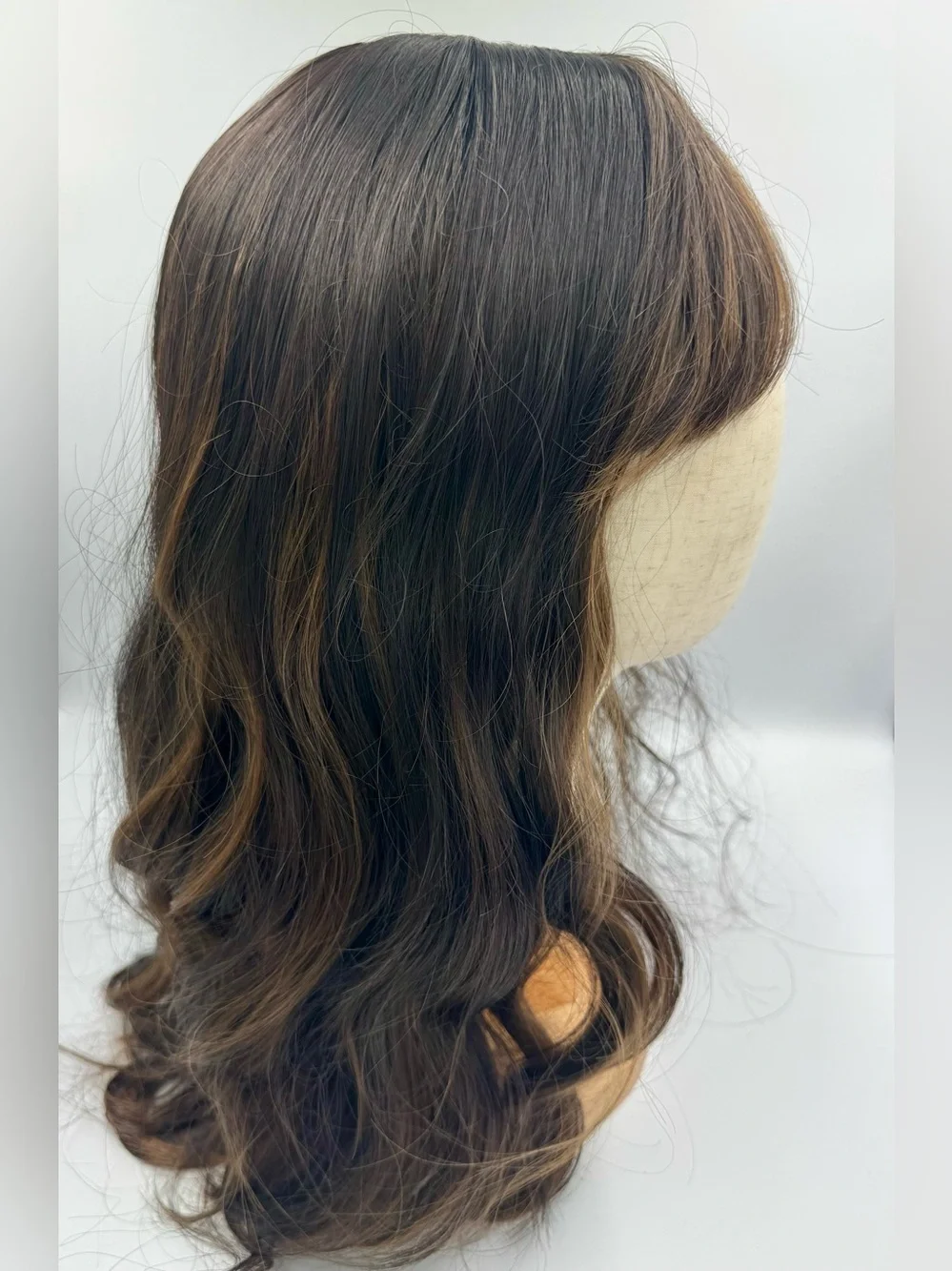 New Dark Brown Highlighted Long Wavy Wig with Bangs + Wig Cap